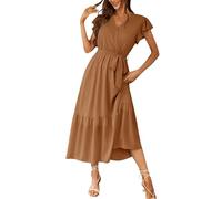 Sommerkleid Damen leicht Strand wickelkleid große größen Einfarbig V-Ausschnitt Rüschen Kurzarm Midi Kleid grünes Satinkleid(Khaki, L)