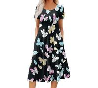 Sommerkleid Damen Leicht Und Luftig,Kleider Elegante Midi Kleid Kurzarm Midikleid Locker Blumendruck Sommerkleider Shirtkleid Mit Taschen Casual Strandkleid Beuqem Freizeitkleider(Schwarz,XXL)