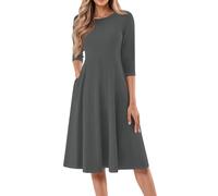 Sommerkleid Damen Leicht Und Luftig,Kleider Elegante Rundhals Midi Hochzeitsgast Kleid Sommer Elegant Freizeitkleid Wickelkleid 3/4 Ärmel Midikleid Lose A-Linie Mit Tasche Leichtes(1-Dunkelgrau,XXL)