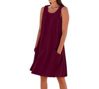Sommerkleid Damen Leicht und Luftig Leinen Kleid Knielang Einfarbig Baumwolle Strandkleid Urlaubs Kleid mit Taschen U Ausschnitt Lässig Locker Swing Freizeitkleid Tshirtkleid(A2-Wine, XL)