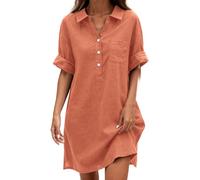 Sommerkleid Damen Leicht und Luftig Leinenkleider Baumwolle Leinen Strandkleid Lang Freizeitkleider V Ausschnitt Musselin Kleid Damen Sommer Kurzarm Kleider Loose Blusenkleid Damenkleider mit Tasche