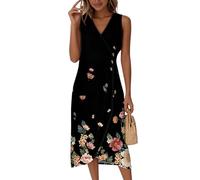 Sommerkleid Damen Leicht Und Luftig, Tailliertes Midikleid Lang Ärmellos V-Ausschnitt Kleider Blumenmuster Wickelkleid Strandkleid Elegant Sommer Midikleid Partykleid Knopf Tailliert (3-Schwarz, XL)