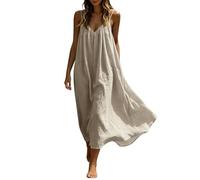 Sommerkleid Damen Leicht Und Luftig, Trägerkleid Sommer Lang Strandkleid V-Ausschnitt Leinenkleid Musselin Blusenkleid Midi Tunikakleid Spaghettiträger Leinenkleider Sommerkleider Boho Freizeitkleid