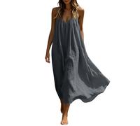 Sommerkleid Damen Leicht Und Luftig, Trägerkleid Sommer Lang Strandkleid V-Ausschnitt Leinenkleid Musselin Blusenkleid Midi Tunikakleid Spaghettiträger Leinenkleider Sommerkleider Boho Freizeitkleid