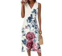 Sommerkleid Damen Leicht, Wickelkleid Ärmellos V-Ausschnitt Kleider Blumenmuster Tailliert A-Linie Midikleid Elegant Festlich Sommer Kleid Casual Classic (2-Hell-Pink, L)