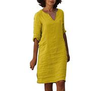 Sommerkleid Damen Leinen Kleider Casual T Shirt Kleid Kurzarm V-Ausschnitt Midikleid A-Linie Strandkleid Große Größen Tunika Kleider Maxi Long Kleid Partykleid Sommerkleid Damen Lang