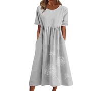 Sommerkleid Damen Leinen Kleider O-Ausschnitt Baumwollkleid Maxikleid Tunika Einfarbig Leinenkleid Knielanges Freizeitkleider A-Linien Sommerkleid Elegant Freizeitkleid Sommerkleid Damen