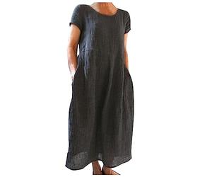 Sommerkleid Damen Leinen Kleider O-Ausschnitt Baumwollkleid Maxikleid Tunika Einfarbig Leinenkleid Knielanges Freizeitkleider A-Linien Sommerkleid Elegant Freizeitkleid Sommerkleid