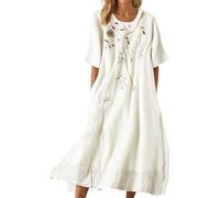 Sommerkleid Damen Leinen, Leinen Kleid Damen Knielang Boho Style Sommer Sommerkleid Baumwollkleid Baggy Leicht Musselinkleid Freizeitkleider Luftige Baggy Leinen Sommerkleider Strandkleid