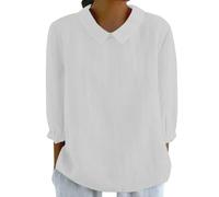 Sommerkleid Damen Leinenbluse Damen Musselin Bluse Shirt Damen 3/4 Arm Blusenshirt Revers Rundhals Oberteile T-Shirt Damen Oversize Blusentop Pullover Für Damen Kasack Damen(#C White,3XL)