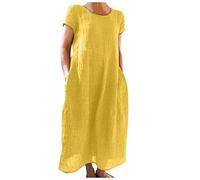 Sommerkleid Damen Leinenkleider, Leinen Kleidung Damen Große Größen, V-Ausschnitt Leinen Kleider Große Größen Casual Freizeitkleid A-Linie Kleid Tunika Kleid Freizeit Knielang Strandkleid