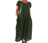 Sommerkleid Damen Leinenkleider Sommer Casual Rundhalsausschnitt Kurzarm Freizeitkleid Strandkleider Boho Langes Kleid mit Taschen S-5XL