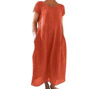 Sommerkleid Damen Leinenkleider Sommer Casual Rundhalsausschnitt Kurzarm Freizeitkleid Strandkleider Boho Langes Kleid mit Taschen S-5XL