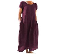 Sommerkleid Damen Leinenkleider Sommer Casual Rundhalsausschnitt Kurzarm Freizeitkleid Strandkleider Boho Langes Kleid mit Taschen S-5XL