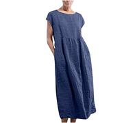 Sommerkleid Damen Locker Leinenkleid Solide Kurzarm unterhalb des Knies Kleid Einfarbig Langes Wadenlanges Casual Baumwolle Leinen Maxikleid Rundhals Weites kniehohes Kleid Ladies Kleid S-5XL