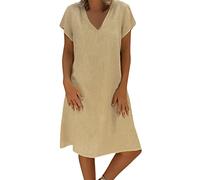 Sommerkleid Damen, Maxi Kleider Damen A Linien Kleid Sommer Einfarbig Baumwolle Leinen Kleid V Ausschnitt Kurzarm Tshirt Kleider Casual Tunikakleid Leicht A-Linie Shirtkleid Loose Bequeme Knielang
