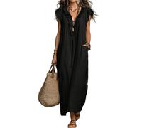 Sommerkleid Damen Maxikleid Einfarbig Kurzarm Kleid Leicht Und Luftig Kleider Lang V Ausschnitt Leinen Sexy Festliche Sommerkleidung Damen Sommerkleid A Linie Maxikleid Elegant (Schwarz,XXL)