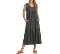 Sommerkleid Damen Maxikleid,Elegant Einfarbig V-Ausschnitt Ärmellose Maxi Kleid Lose Swing Bohemien Kleid Locker A-Linien Freizeitkleid Langes Strandkleid Leicht und Luftig