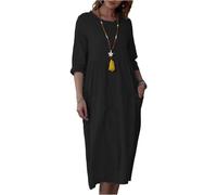 Sommerkleid Damen Midi 3/4 Ärmel Elegant Kleider Damen Sommer Lang Baumwolle Leinen Kleid Sommer A Linie Plissee Sommerkleider Leicht Und Luftig Midikleid Frauen Locker mit Taschen Strandkleid