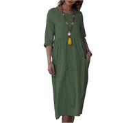 Sommerkleid Damen Midi 3/4 Ärmel Elegant Kleider Damen Sommer Lang Baumwolle Leinen Kleid Sommer A Linie Plissee Sommerkleider Leicht Und Luftig Midikleid Frauen Locker mit Taschen Strandkleid