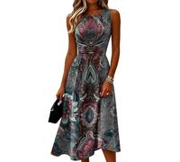 Sommerkleid Damen Midi A-Linie Curvy Kleid Elegant Ärmellos Tailliert Kleider Sommer Blumen Hohe Taille Sommerkleider Leicht Und Luftig Midikleid Frauen Muster Rundhals Schicke Damenkleider