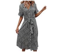 Sommerkleid Damen Midi A Linie Geblümt Italienische Kleider Damen Sommer Blumen Lang mit Knopfleiste Sommerkleider Leicht Und Luftig Kleid Frauen Elegant mit Gürtel Kragen Midikleid Kurzarm