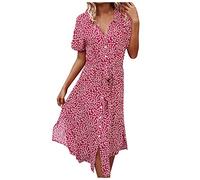 Sommerkleid Damen Midi A Linie Geblümt Italienische Kleider Damen Sommer Blumen Lang mit Knopfleiste Sommerkleider Leicht Und Luftig Kleid Frauen Elegant mit Gürtel Kragen Midikleid Kurzarm