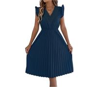 Sommerkleid Damen Midi A-Linie Kleid Damen Sommer Lang Elegant Spitze Plissee Kleider V Ausschnitt Partykleid Elegante Sommerkleider Frauen Leicht Und Luftig Plisseekleid Schwingen Midikleider