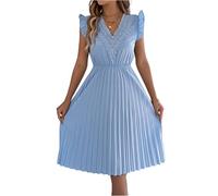Sommerkleid Damen Midi A-Linie Kleid Damen Sommer Lang Elegant Spitze Plissee Kleider V Ausschnitt Partykleid Elegante Sommerkleider Frauen Leicht Und Luftig Plisseekleid Schwingen Midikleider