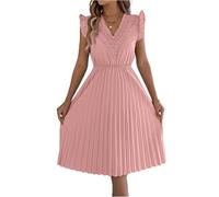 Sommerkleid Damen Midi A-Linie Kleid Damen Sommer Lang Elegant Spitze Plissee Kleider V Ausschnitt Partykleid Elegante Sommerkleider Frauen Leicht Und Luftig Plisseekleid Schwingen Midikleider