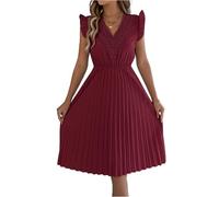 Sommerkleid Damen Midi A-Linie Kleid Damen Sommer Lang Elegant Spitze Plissee Kleider V Ausschnitt Partykleid Elegante Sommerkleider Frauen Leicht Und Luftig Plisseekleid Schwingen Midikleider
