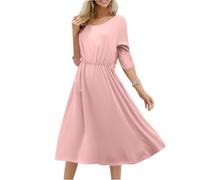 Sommerkleid Damen Midi A Linie Kleider Damen Sommer Lang Elegant Midikleid Einfarbig Sommerkleider Leicht Und Luftig Kleid 3/4 Ärmel Damenkleider Gummibund Rundhals Strandkleid Frauen Lässig