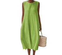 Sommerkleid Damen Midi Ärmellos Kleider Sommer Lang Elegant A-Linie Kleid Strand Boho Damen Sommerkleider Leicht Und Luftig Midikleid Frauen Sommer Baumwolle Weite Strandkleid Gemustert Rundhals