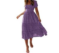 Sommerkleid Damen Midi, Blumenkleid Damen Festlich,Midikleid Damen Sommer Swing Kleid Quadratischer Ausschnitt Stufenkleid Puffärmel Kleider mit Aufdruck Freizeitkleid Sommerkleider Blümchenkleid