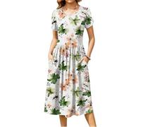 Sommerkleid Damen Midi Elegant Blumen Kleid Mit Taschen A-Linie Sommerkleider Leicht Und Luftig Plissee Kleider Lang Kurzarm Midikleid Frauen Sommer Strandkleid Geblümt Freizeitkleid Rundhals