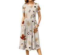 Sommerkleid Damen Midi Elegant Blumen Kleid Mit Taschen A-Linie Sommerkleider Leicht Und Luftig Plissee Kleider Lang Kurzarm Midikleid Frauen Sommer Strandkleid Geblümt Freizeitkleid Rundhals