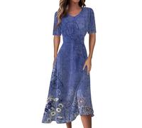 Sommerkleid Damen Midi Elegant Blumen Kleider Sommer A Linie V Ausschnitt Strandkleid Leicht Und Luftig Damenkleider Tailliert Kleid Frauen mit Ärmeln Blumenkleid Midilänge Midikleid