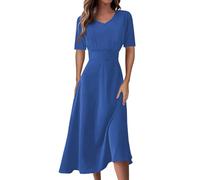 Sommerkleid Damen Midi Elegant Blumen Kleider Sommer A Linie V Ausschnitt Strandkleid Leicht Und Luftig Damenkleider Tailliert Kleid Frauen mit Ärmeln Blumenkleid Midilänge Midikleid