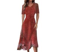 Sommerkleid Damen Midi Elegant Blumen Kleider Sommer A Linie V Ausschnitt Strandkleid Leicht Und Luftig Damenkleider Tailliert Kleid Frauen mit Ärmeln Blumenkleid Midilänge Midikleid
