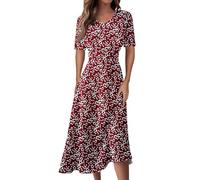 Sommerkleid Damen Midi Elegant Blumen Kleider Sommer A Linie V Ausschnitt Strandkleid Leicht Und Luftig Damenkleider Tailliert Kleid Frauen mit Ärmeln Blumenkleid Midilänge Midikleid