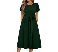 Sommerkleid Damen Midi Elegant Kleid Damen Sommer Lang A Linie mit Gürtel Sommerkleider Leicht Und Luftig Midikleid Frauen Kurzarm Damenkleider Casual Lange Kleider Einfarbig Strandkleider