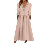 Sommerkleid Damen Midi Halbarm Baumwolle Boho Kleider Damen Sommer Lang V Ausschnitt Sommerkleider Leicht Und Luftig Elegant Bohemian Kleid Frauen Sommer A Linie mit Taschen Strandkleid Luftig