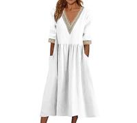 Sommerkleid Damen Midi Halbarm Baumwolle Boho Kleider Damen Sommer Lang V Ausschnitt Sommerkleider Leicht Und Luftig Elegant Bohemian Kleid Frauen Sommer A Linie mit Taschen Strandkleid Luftig