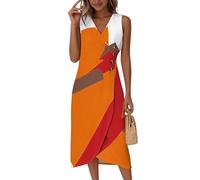 Sommerkleid Damen Midi,Kurzarm V-Ausschnitt Kleid Hochzeitsgast V-Ausschnitt Ärmellos Midikleid Elegant Blumen Strandkleid Partykleid Ärmellos Casual Midi Wickelkleid Knopf Bequem A-Linie(Orange,XL)