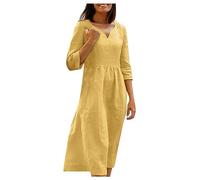Sommerkleid Damen Midi mit Ärmel Musselin Kleid Damen Sommer Elegant A Linie Sommerkleider Leicht mit Ärmeln Strandkleid V Ausschnitt Kleider Frauen 3/4 Ärmel Damenkleider Midikleid