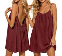 Sommerkleid Damen Midi Rückenfreies Kleid luftig Leinen Strandkleider mit Kordelzug Bequemes Sommer Midikleid mit Spaghettiträger lockeres Freizeitkleid Trägerkleid für Lounge, Urlaub & Freizeit