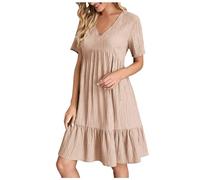 Sommerkleid Damen Midi, Sommerkleid Damen Kurz V Ausschnitt Kleid Hochzeitsgast Sommer Festliche Kleider Freizeit Strandkleid Elegante Wickelkleid Knielang Sommerkleider Leicht Und Luftig, Rosa, L