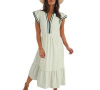 Sommerkleid Damen Midi Sommerkleid Damen Midikleid Gestreiftes Kleid V Ausschnitt Gerafft Saum Elegant mit Lockeres Fit und Schlitz für Freizeit Alltag S Green