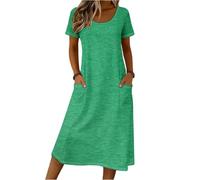 Sommerkleid Damen Midi, Sommerkleider Cocktailkleid Kurzarm Kleider Rundhals Shirtkleid Midikleid V Ausschnitt Lockere Strandkleid Wickelkleid Lose A-Linie (1-Grün, XXL)