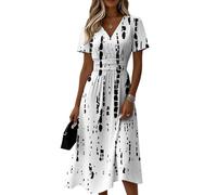 Sommerkleid Damen Midi Wickelkleid Damen Midi Kleid Kurzarm V Ausschnitt Geraffte Taillenbund Elegant mit Seitenschlitz für Strand S White